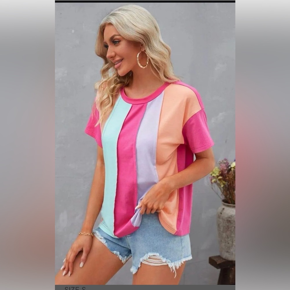 •ADORA•PASTEL COLOR BLOCK STRIPE RIBBED SHORT SLEEVE SHIRT. SIZE SMALL*like new*